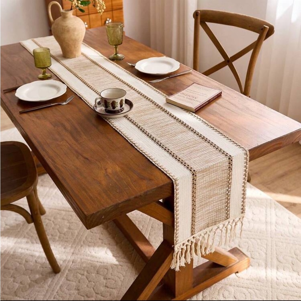 Boho Khaki Table Runner w/ Tassels | Neutral Farmhouse Decor | 12” x 87”